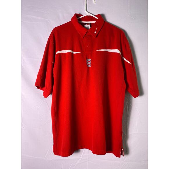 Nike Dri-Fit Football Red Short Sleeve Polo Shirt 1/4 Buttons Men's Size Large - Picture 1 of 2